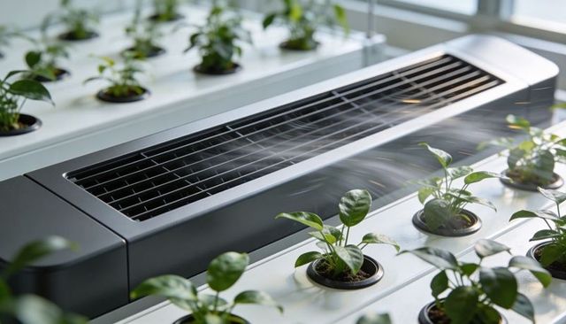 Ventilation unit blowing mist over hydroponic seedling trays by greenhouse window