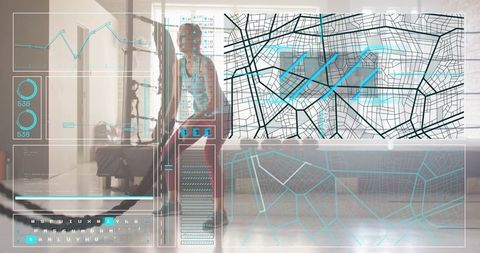 Silhouette man standing at bedroom window with teal hud map overlay and futuristic ui
