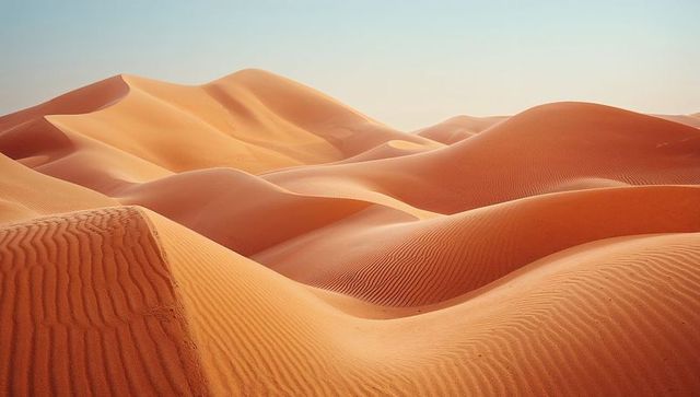 Vast golden sand dunes rolling with wind-formed ripples under soft dawn light