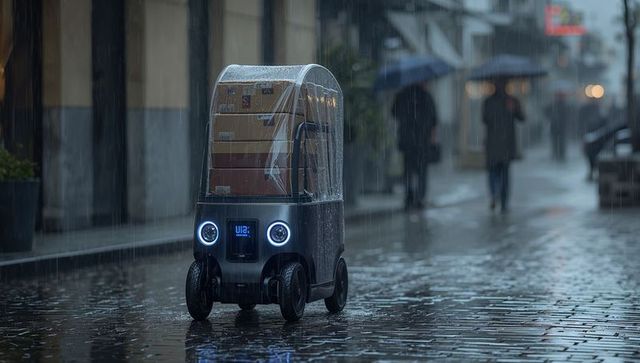 Autonomous delivery robot navigating rainy cobblestone street with parcels and clear canopy