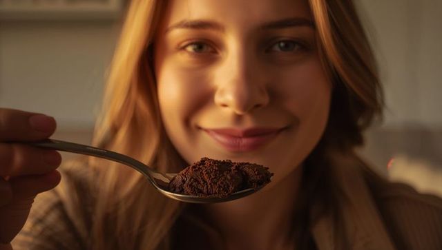 Smiling woman holding spoon of cocoa powder closeup warm golden kitchen light intimate