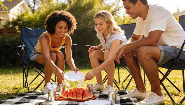 Friends sharing watermelon on sunlit backyard picnic, casual summer gathering outdoors