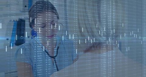 Nurse placing stethoscope on patient with data overlay showing healthcare analytics