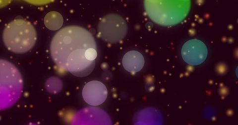 Glowing Multicolor Bokeh Orbs Drifting on Dark Maroon Backdrop with Gold Sparkle
