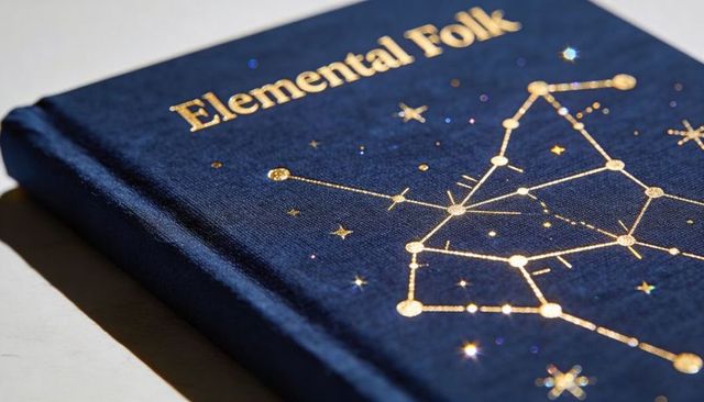 Navy cloth hardcover featuring gold constellation foil and embossed elemental folk title