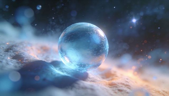 Glowing glass orb resting on frosted surface with sparkling bokeh and blue light