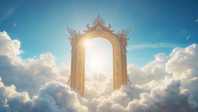 Gilded celestial gateway glowing above clouds with radiant light and flying embers