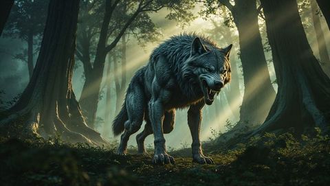 Majestic snarling werewolf in misty sunlit forest
