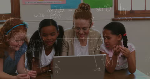 Diverse Teacher and Students Engaging with Technology and Math Concepts