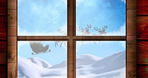 Santa and reindeer flying past snowy window