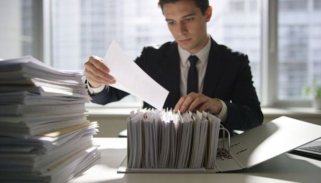 Businessman sorting paperwork and organizing accordion file at sunlit office desk