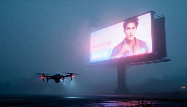 Hovering drone near neon led billboard over wet tarmac in foggy urban nightscape cinematic