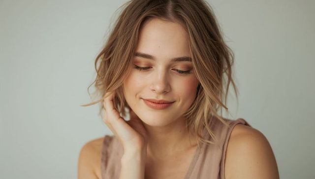 Smiling young woman touching cheek in sleeveless beige top, soft natural beauty headshot