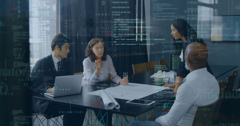 Team analyzing data and strategy in modern office