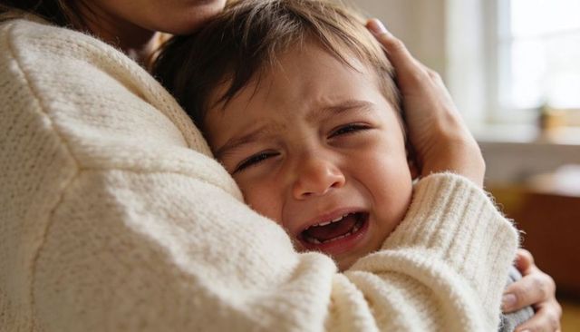 Caregiver comforting crying toddler in embrace near window wearing cream sweater