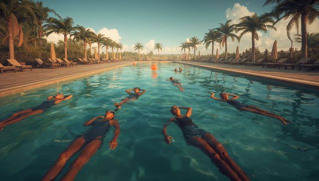 Adults floating on backs in resort pool under palm trees during tropical sunset relaxation