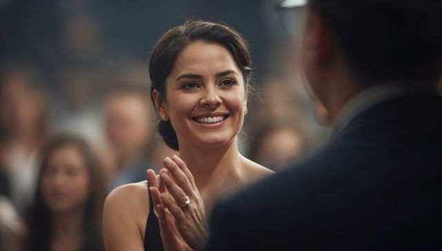 Clapping latina woman smiling and applauding at formal gala, ring and dark suit foreground