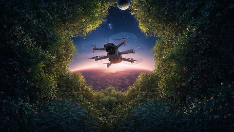 Futuristic drone hovering through foliage tunnel revealing planet and starfield