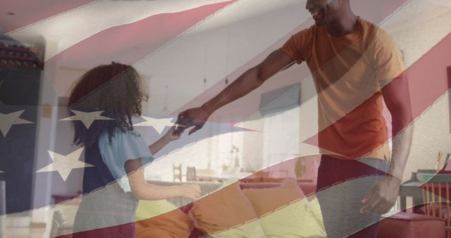 A joyful scene featuring an African American father and daughter dancing together in a home, overlaid with the vibrant stars and stripes of the American flag. This symbolic image represents patriotism, family love, and cultural pride. The warm, inviting atmosphere and dynamic representation of unity and heritage make it ideal for marketing materials related to American cultural events, Independence Day celebrations, family-centered organizations, or educational resources promoting diversity and inclusion.