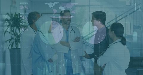 Modern Healthcare Team Meeting with Global Technology Overlay