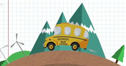 Cartoon school bus driving through scenic landscape with mountains