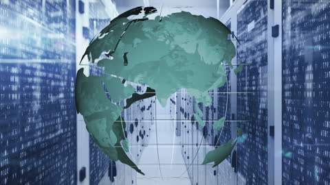 Rotating Globe Overlay on Futuristic Data Center Aisle