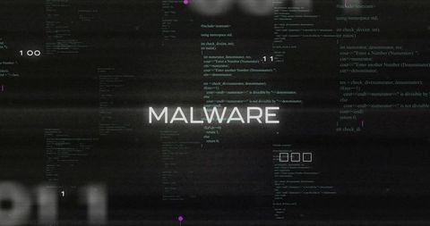 Pulsing MALWARE Alert on Dark Terminal with Code Columns and Glitch UI Elements