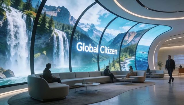 Corporate lounge with panoramic curved led wall displaying global citizen and waterfalls