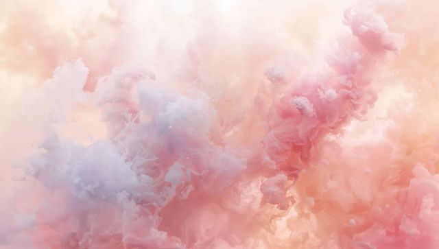 Peach Pink Ethereal Cloudscape with Glowing Swirls, Translucent Pastel Mist and Soft Backlight