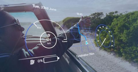 Woman Enjoying Breezy Drive with Futuristic HUD Display
