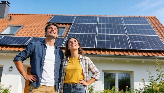Young couple admiring rooftop solar panels on suburban red-tiled home, embracing renewable energy