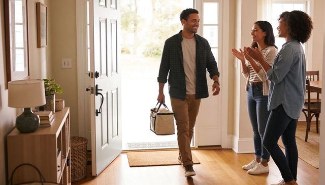 Smiling man carrying insulated bag entering home being greeted by friends clapping