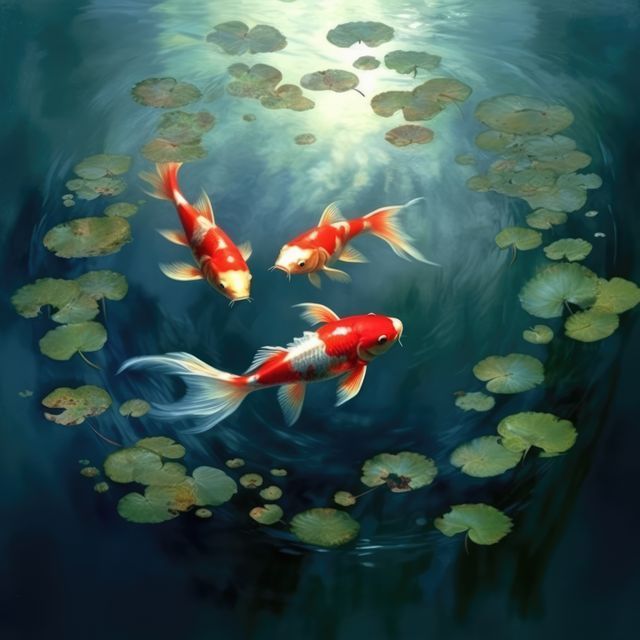 Koi fish swimming gracefully in a pond surrounded by water lilies. Ideal for themes of tranquility, nature, and garden decor. Vibrant colors and serenity make this useful for artwork, spa promotions, and wellness content.