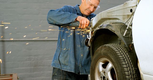 Automotive repair technician working on car with angle grinder - Download Free Stock Images Pikwizard.com