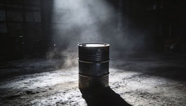 Rusted Metal Drum under Dramatic Skylight Beam on Dusty Warehouse Floor, Corroded Barrel