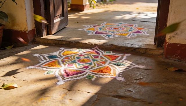 Sunlit colorful rangoli patterns decorating worn stone entryway with wooden doors and fallen leaves