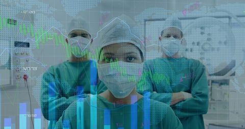 Healthcare professionals analyzing medical data overlay