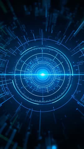 Vertical Holographic Core Scanning Interface Pulsing Neon Rings and Data Glyphs