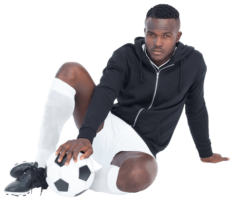 Confident Football Player Sitting with Soccer Ball Transparent Background