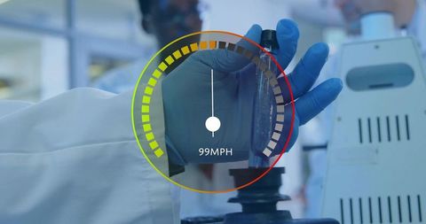 Gloved hand holding vial, technician examining microscope, 99mph hud conveying precision