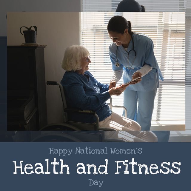 Women's health day text over caucasian female health worker and female patient using digital tablet. National women's health and fitness day awareness concept