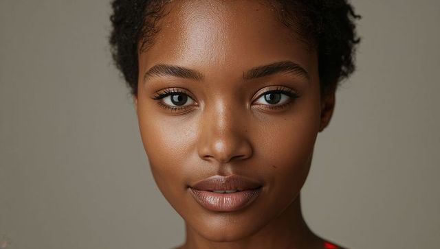 Closeup studio portrait of young woman with glowing skin, natural makeup, soft lighting