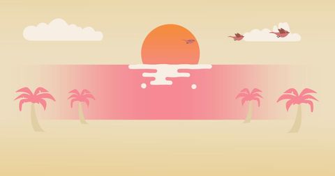 Abstract Sunset Over Ocean with Palm Trees and Clouds