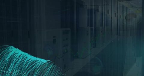 Glowing green light trails in modern server room