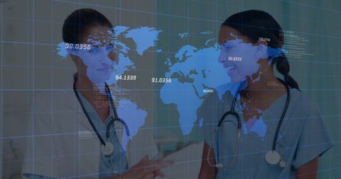 Healthcare Professionals Analyzing Global Medical Data Visualization