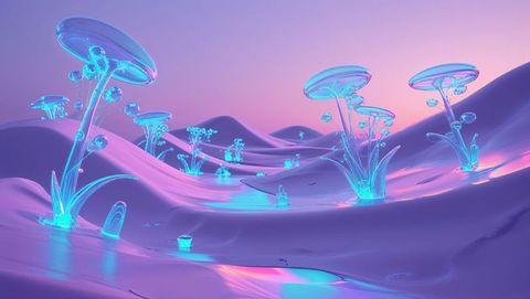 Surreal neon mushrooms on mystical reflective terrain