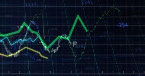Bright green zigzag trend line climbing over financial candlestick chart on dark grid