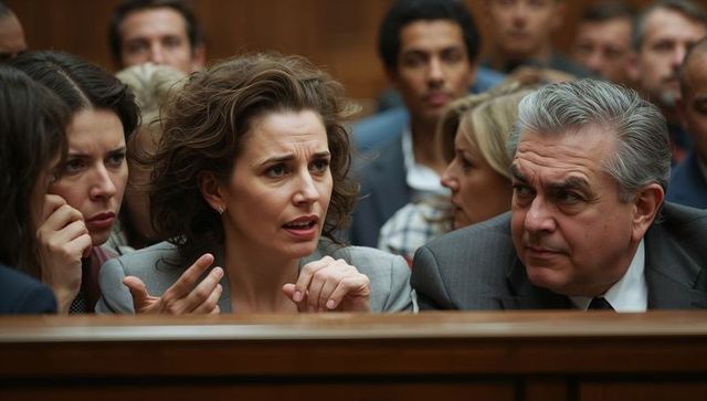 Woman asking questions during tense courtroom hearing with attorney leaning in for counsel