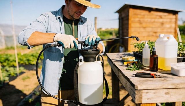 Gardener preparing pump sprayer for organic vegetable garden pest control and seedling care