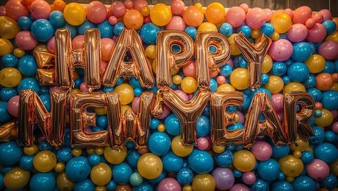 Rose-gold foil letter balloons spelling happy new year celebrating colorful balloon wall